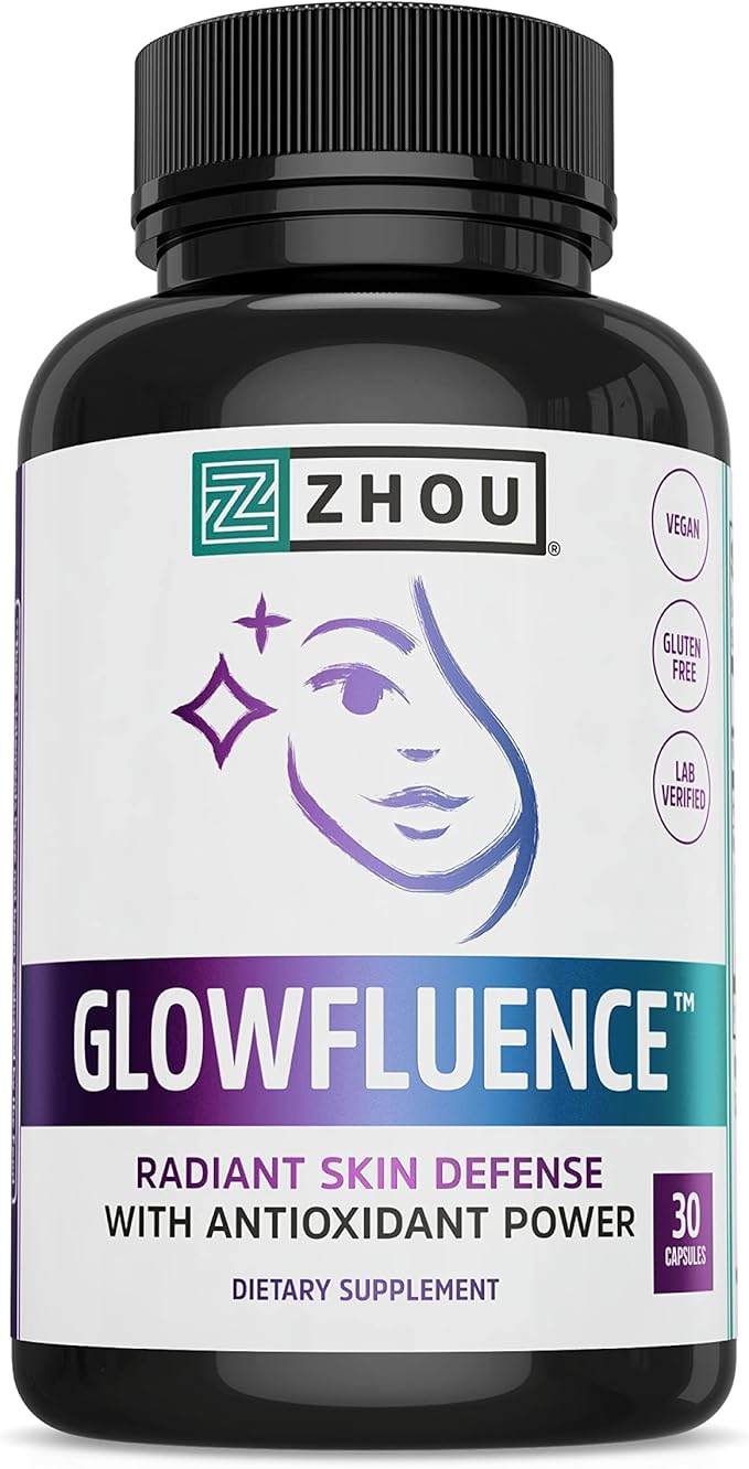 Zhou Glowfluence Hyaluronic Acid Supplement with Vitamin C and Antioxidants, Skin Elasticity and Firmness Support for Youthful Radiant Skin, Blended Supplement for Beautiful Glow, 30 Veg Caps