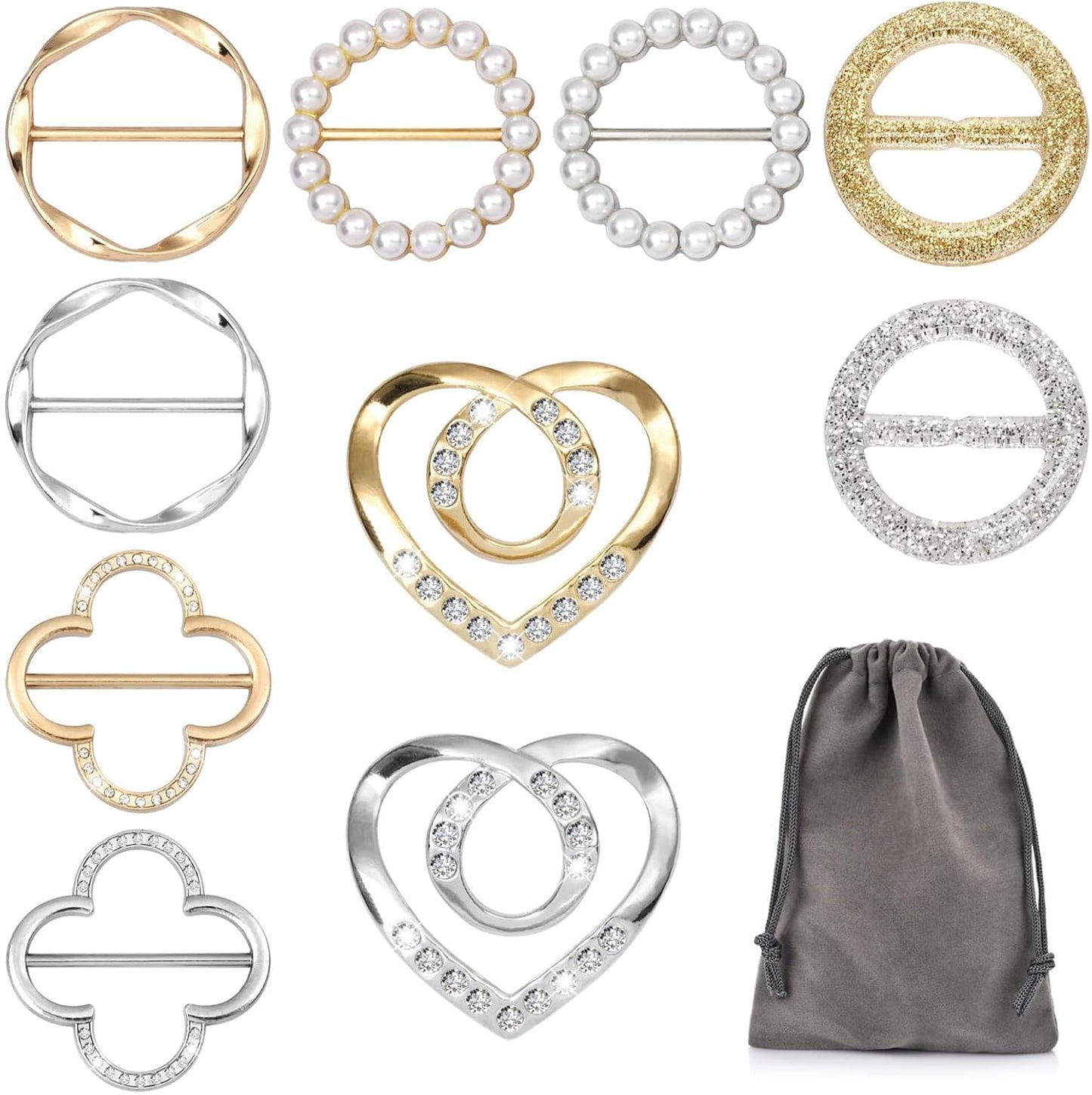 10 PCS Scarf Rings for Women, T-Shirt Tie Clips with 1 Storage Bag, Pearl Belt Buckles, Dress Cinch Clip, Silk Scarf Ring, Pearl/Heart-Shaped Buckles For Clothes Hat Belt Decor