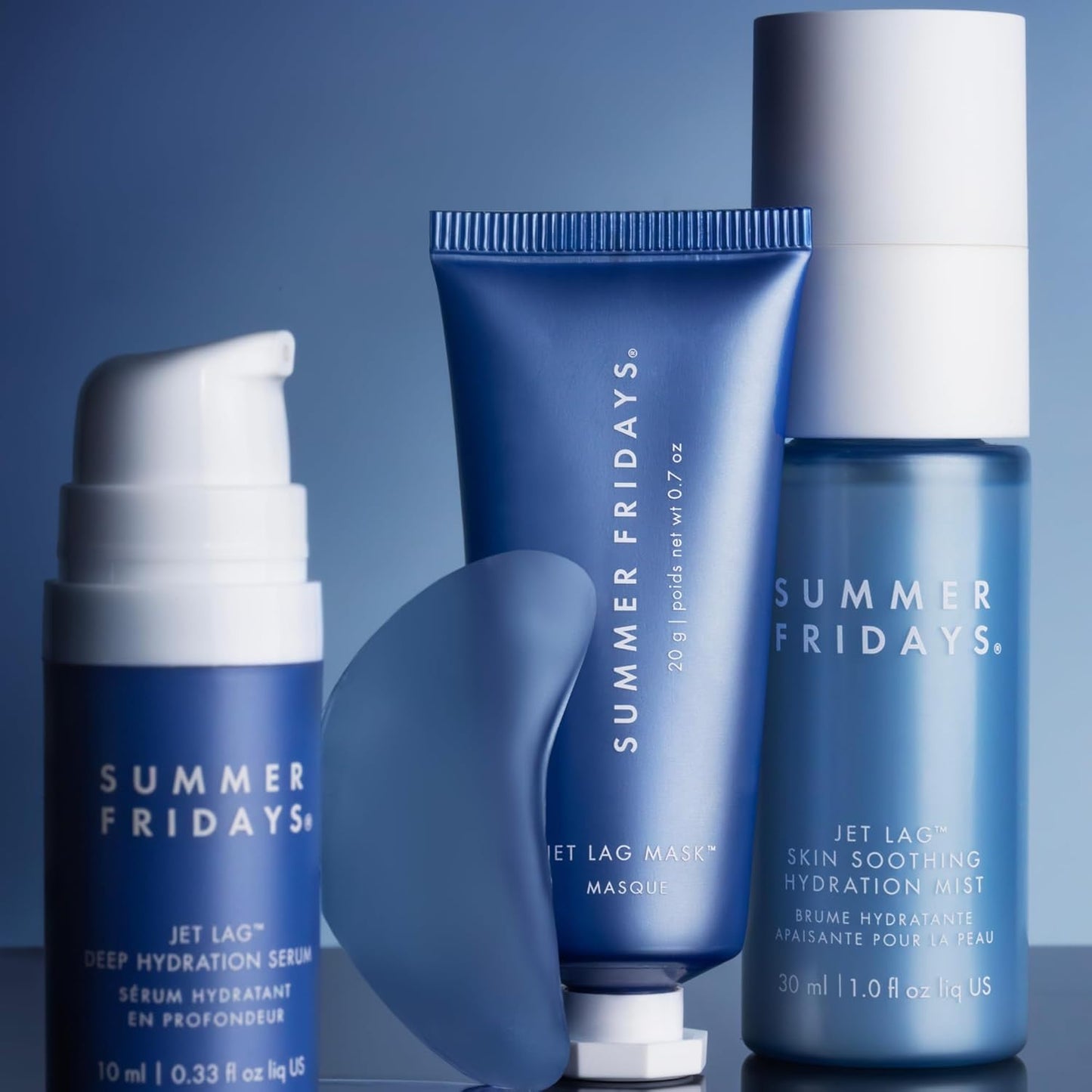 Summer Fridays Jet Lag Essentials Skincare Set - Travel Size Skincare Kit Including Jet Lag Eye Patches, Hydration Mist, Deep Hydration Face Serum & Mask (4 Count)