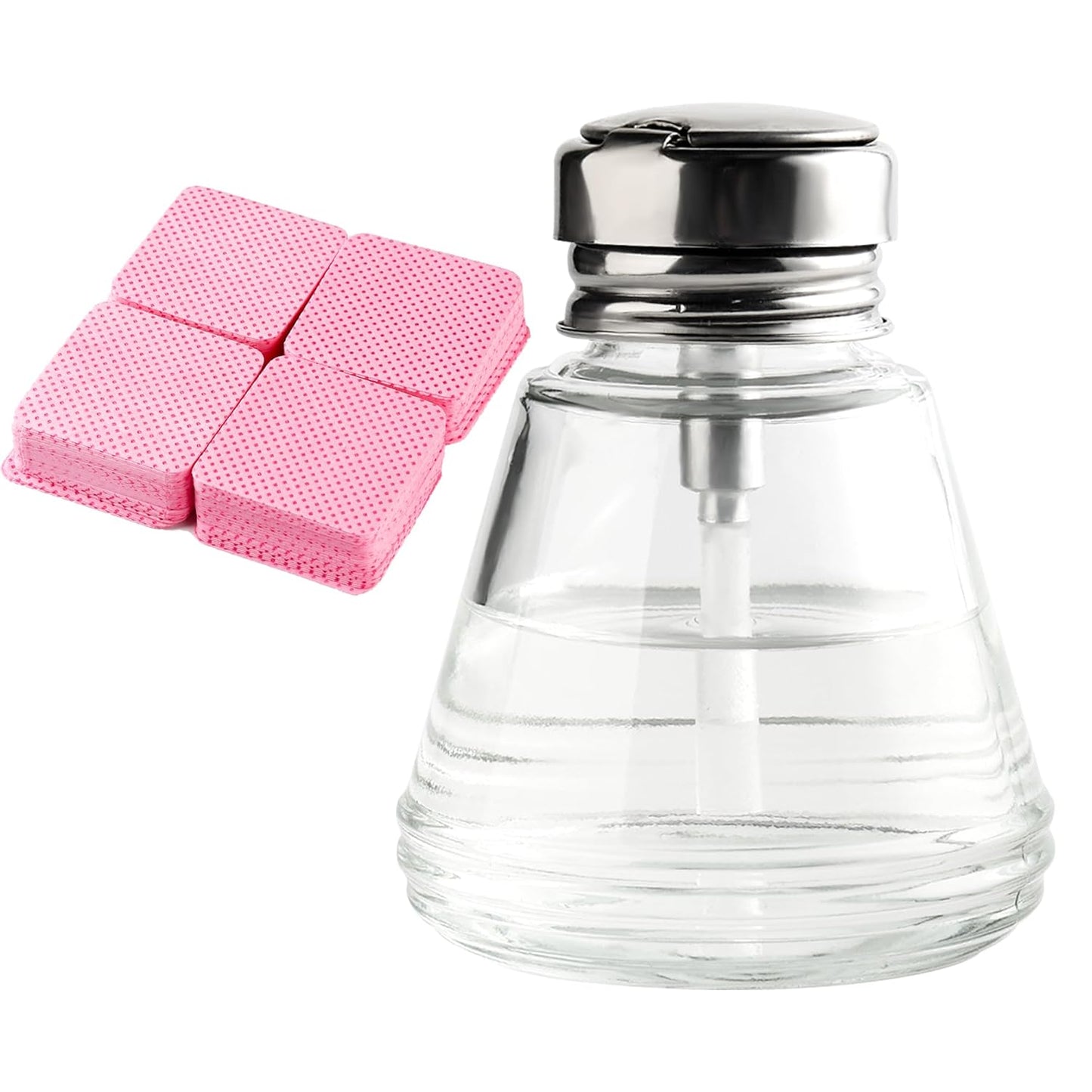 Pump Bottle Dispenser 180ml Clear Nail Polish Remover Pump Glass Metal Push Down Pump Dispenser 200Pcs Lint Free Nail Wipes Alcohol Dispenser Eye Makeup Remover Pump Push Down Empty Bottle