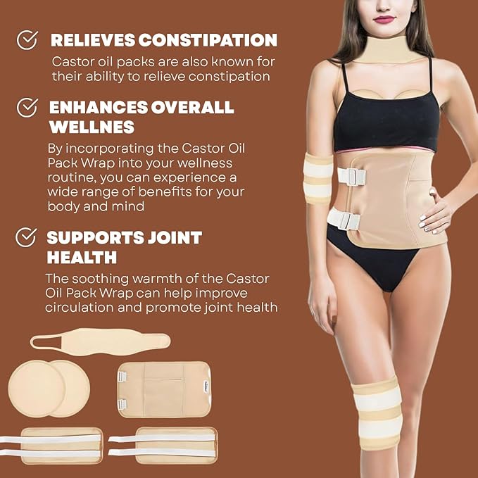 Castor Oil Pack Wrap Kit, 6 Pcs Organic Cotton, Adjustable Strap for Neck, Waist, Chest, Knee, Reusable, Washable - Detox, Constipation, Inflammation (Khakhi)