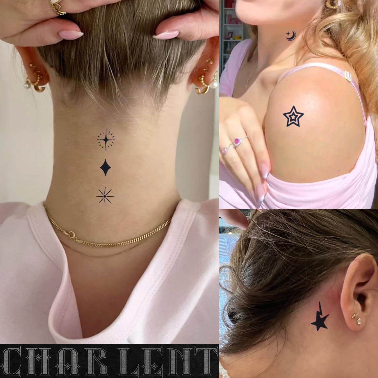 CHARLNET Stars Semi-Permanent Tattoos for Adult - 2 Weeks Long Last Small Fake Tattoos for Women Men Face Finger Neck Body/Fades Naturally/No Reflection/Waterproof/Realistic