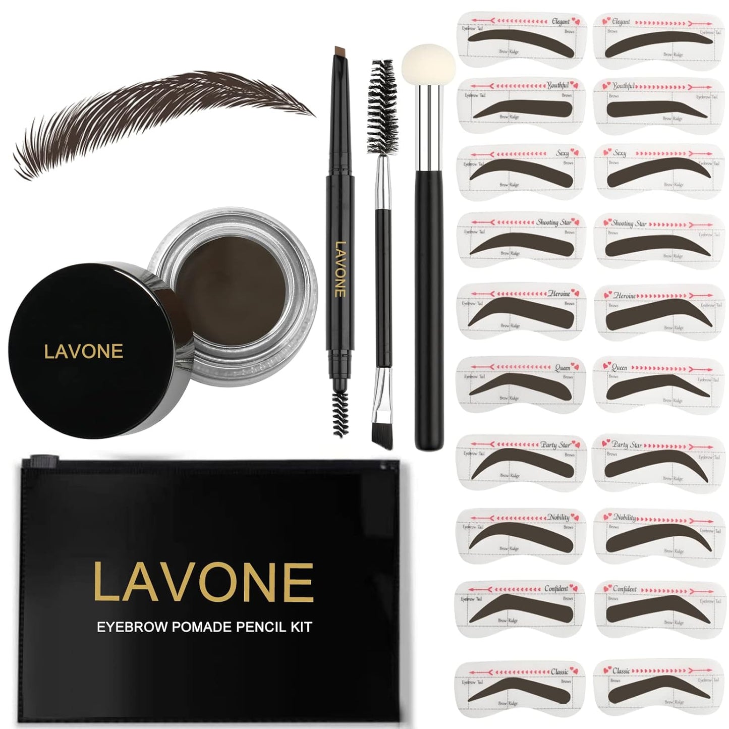 LAVONE Eyebrow Stamp Stencil Kit, Brow Stamp Trio Kit with Waterproof Eyebrow Pencil, Eyebrow Pomade, 20 Eyebrow Stencils, Dual-ended Eyebrow Brush and Sponge Applicator - Medium Brown