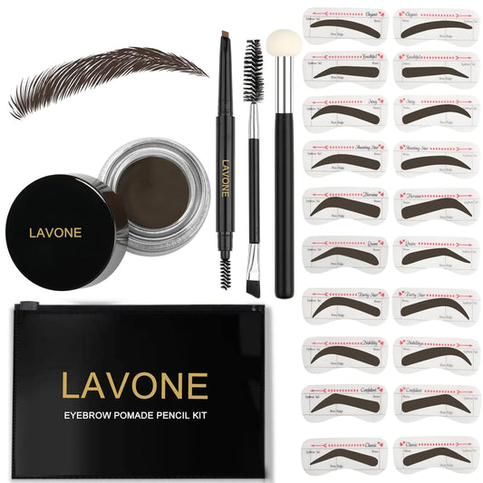LAVONE Eyebrow Stamp Stencil Kit, Brow Stamp Trio Kit with Waterproof Eyebrow Pencil, Eyebrow Pomade, 20 Eyebrow Stencils, Dual-ended Eyebrow Brush and Sponge Applicator - Medium Brown