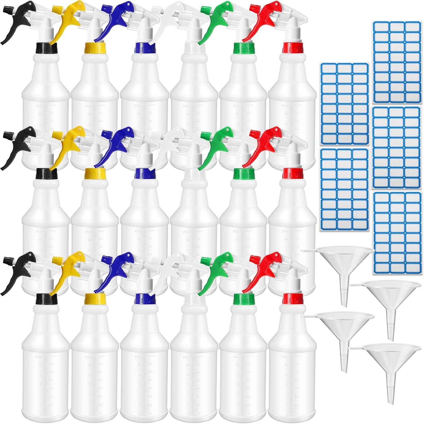 Zubebe 24 Pack 32 oz Plastic Spray Bottle Bulk Empty Leakproof Heavy Duty Spray Bottles for Cleaning Supplies Mist Bottles with Label and Adjustable Nozzle for Plant(Multicolor A,Clear Scale)