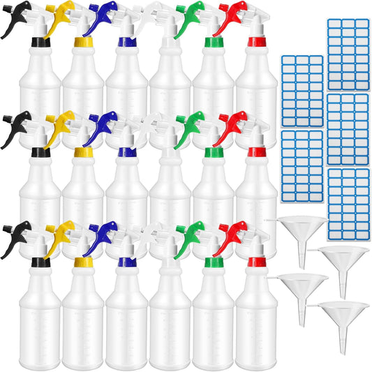 Zubebe 24 Pack 32 oz Plastic Spray Bottle Bulk Empty Leakproof Heavy Duty Spray Bottles for Cleaning Supplies Mist Bottles with Label and Adjustable Nozzle for Plant(Multicolor A,Clear Scale)