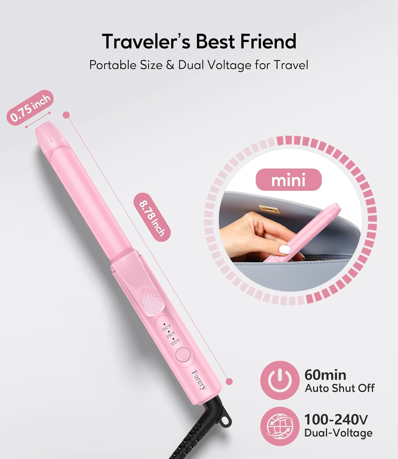 FARERY Travel Size Mini Curling Iron 3/4 Inch, Dual Voltage Travel Curling Iron for Short Hair with 3 Adjustable Temperature, Ceramic Mini Hair Curler Infused with Keratin&Argan Oil, with Storage Bag