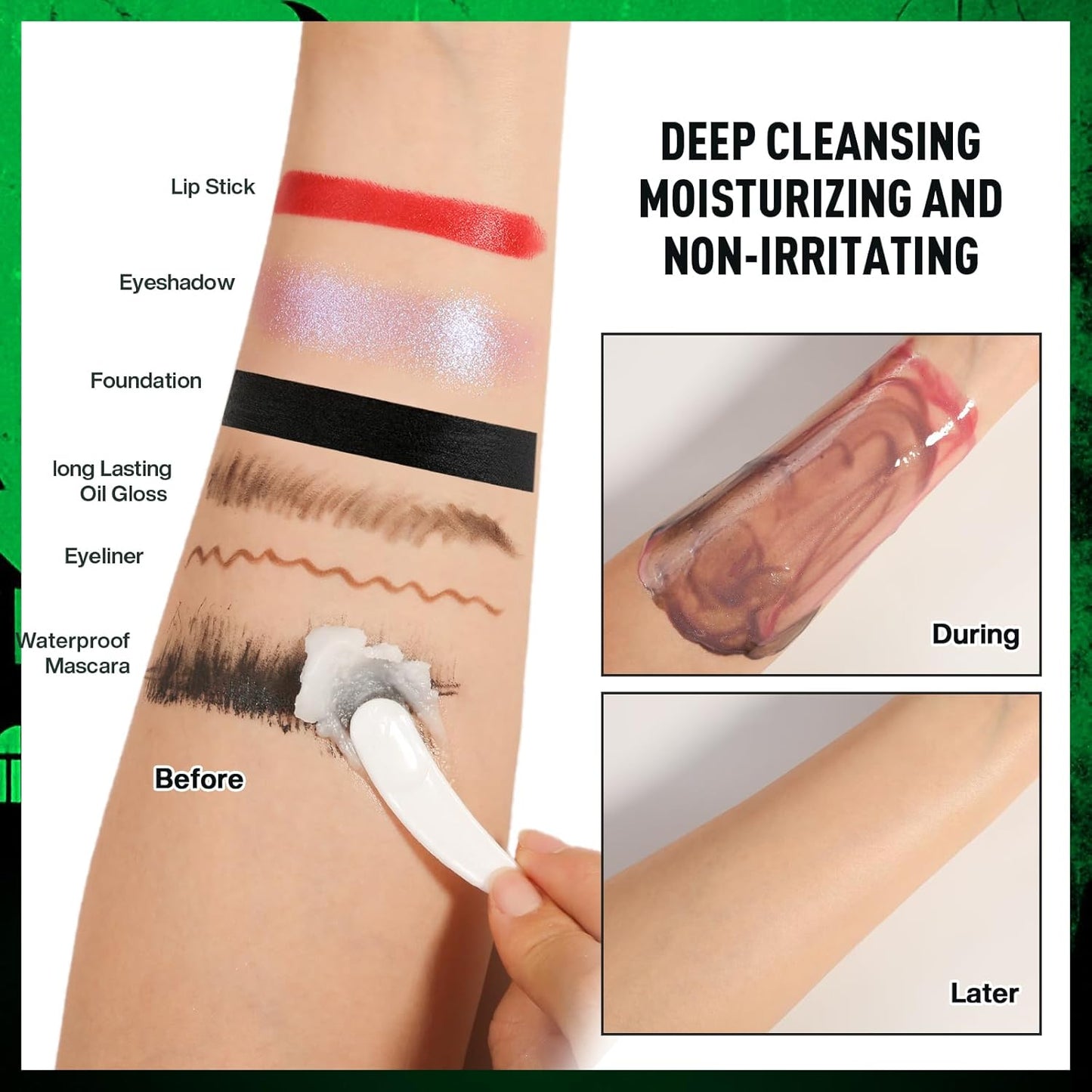 Black White Green Face Paint Kit – 3×50g Oil-Based Grease Makeup with Remover Balm, Brushes & Sponges – Waterproof, Sweat-Proof, Full Coverage Halloween, Cosplay & Stage SFX Makeup