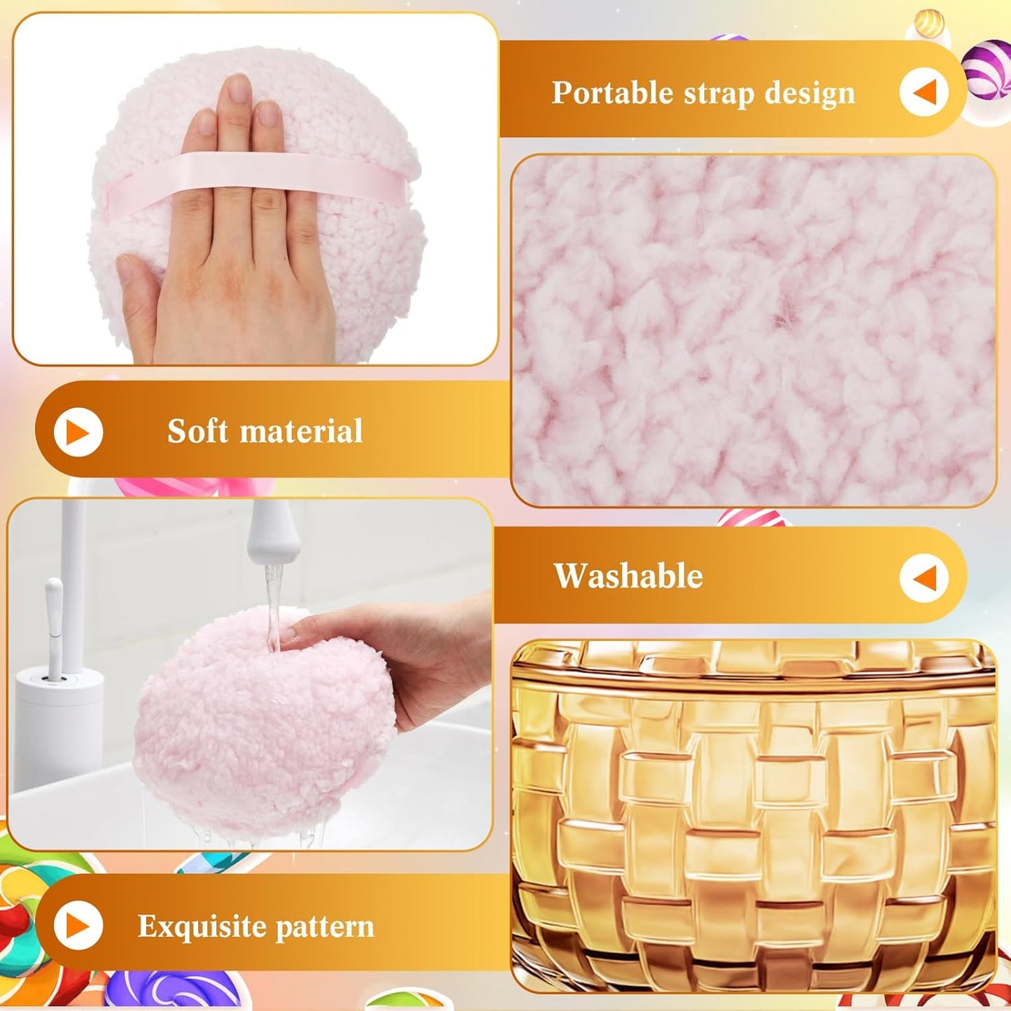 Tioncy 2 Pcs Extra Large Dusting Powder Puff and Container 6'' Body Powder Puff and Crystal Container for Women Soft Washable Reusable Velour Face(Amber)