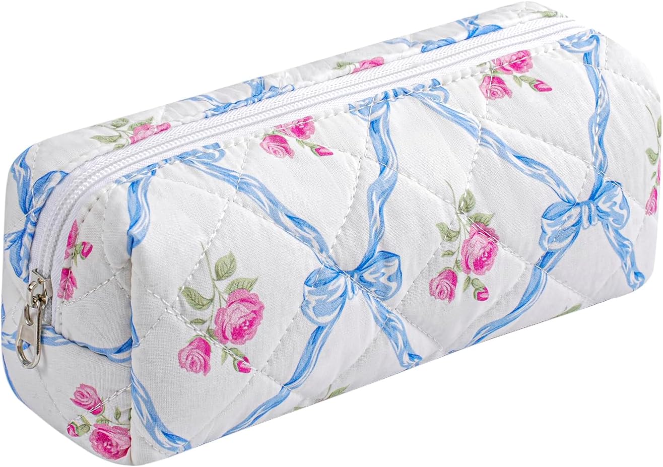 Cute Floral Cotton Makeup Brush Cosmetic Bag for Women, Travel Quilted Zipper Make Up Bag, Flowers Toiletry Organizer Case Kawaii Makeup Cosmetic Travel Cloth Pouch (Blue Bowknot)