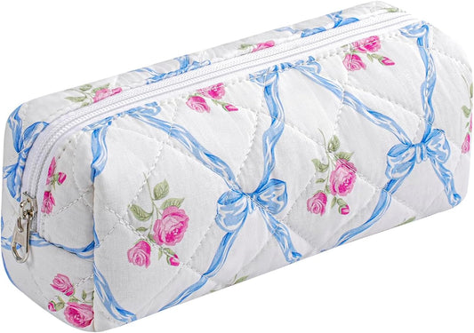 Cute Floral Cotton Makeup Brush Cosmetic Bag for Women, Travel Quilted Zipper Make Up Bag, Flowers Toiletry Organizer Case Kawaii Makeup Cosmetic Travel Cloth Pouch (Blue Bowknot)