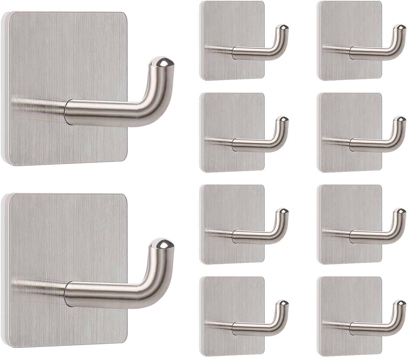 Livabber Adhesive Towel Hooks, 304 Stainless Steel Self Sticky Wall Hooks Waterproof Shower Hooks for Robe/Clothes, No Drilling Towel Hangers for Bathroom Kitchen Bedroom (Brushed Nickel, 10 Packs)