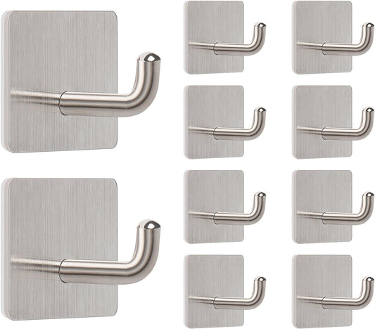 Livabber Adhesive Towel Hooks, 304 Stainless Steel Self Sticky Wall Hooks Waterproof Shower Hooks for Robe/Clothes, No Drilling Towel Hangers for Bathroom Kitchen Bedroom (Brushed Nickel, 10 Packs)