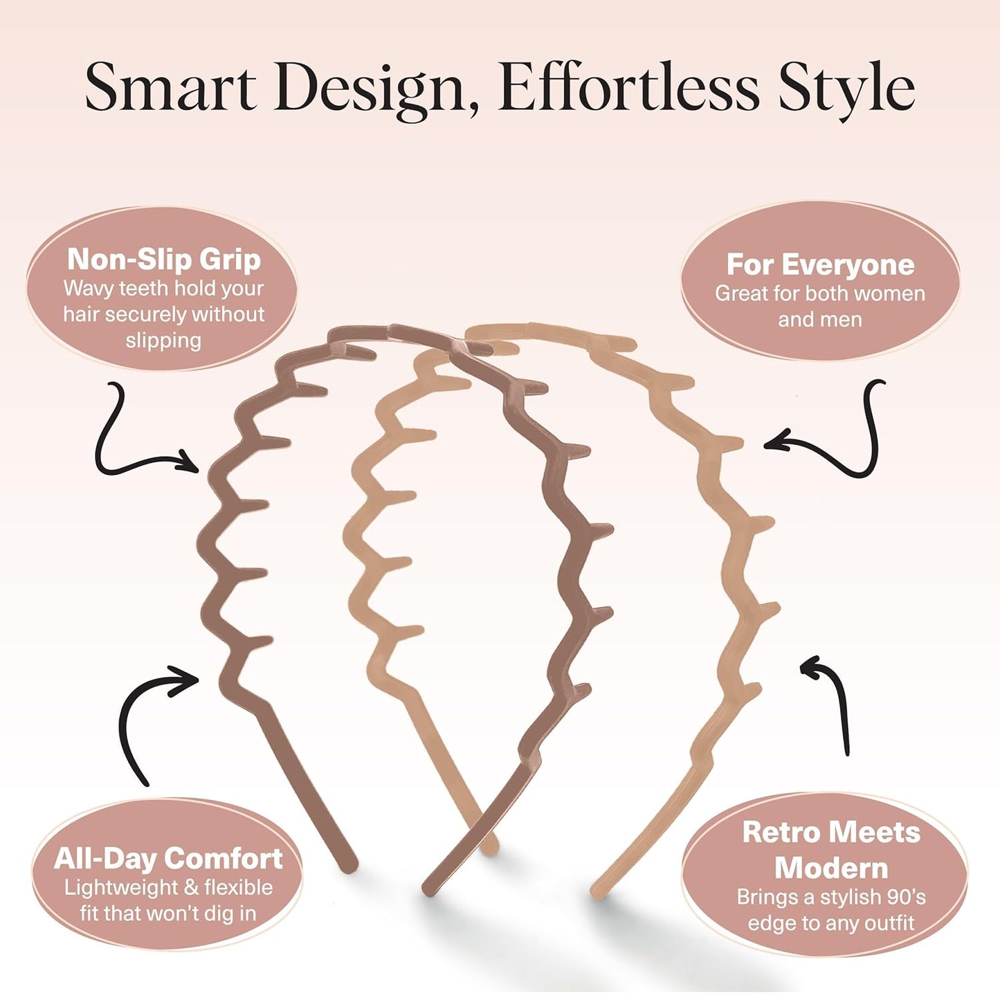 Kitsch Zig Zag Headbands for Women Non Slip – Fashion Accessories for Slicked Back Styles - Comfortable Comb Headband with Teeth | Ideal Gifts for Women - Neutral - 2 pcs