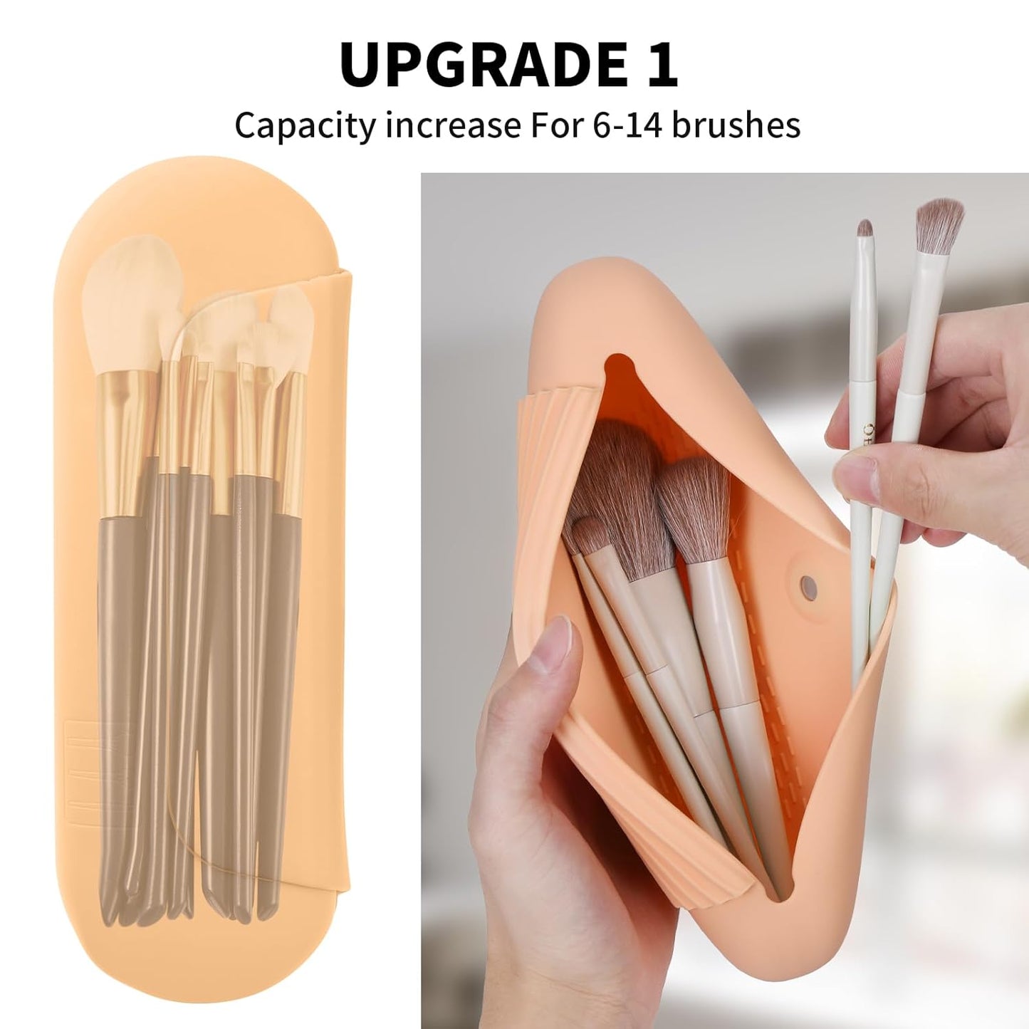 Silicone Makeup Brush Holder Travel Cosmetic Bag：Soft Portable Cosmetic Face Brushes Holder with Upgrade Anti-Fall Out Magnetic Closure, Large Travel Makeup Brush Case - Melon