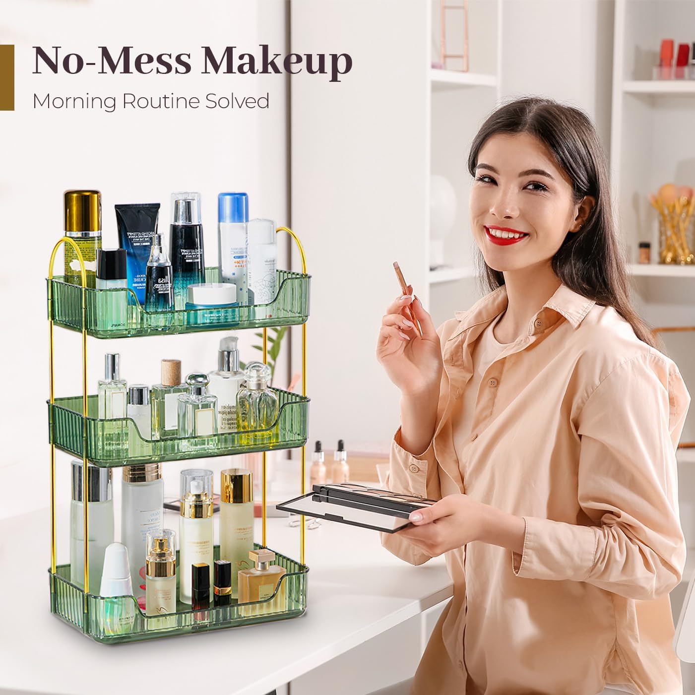 Aveniee Bathroom Counter Organizer, 3 Tier Perfume Skin Care Countertop Storage Shelf, Vanity Makeup Tray for Cosmetic Skincare Lotion,Green