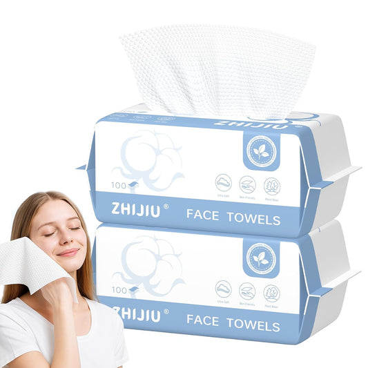 Disposable Face Towels 200 Count, Lint-Free Soft Cotton Facial Dry Wipes,8” x 8” Clean Facial Towels Wash Cloth for Sensitive Skin,Makeup Remover Dry Wipes