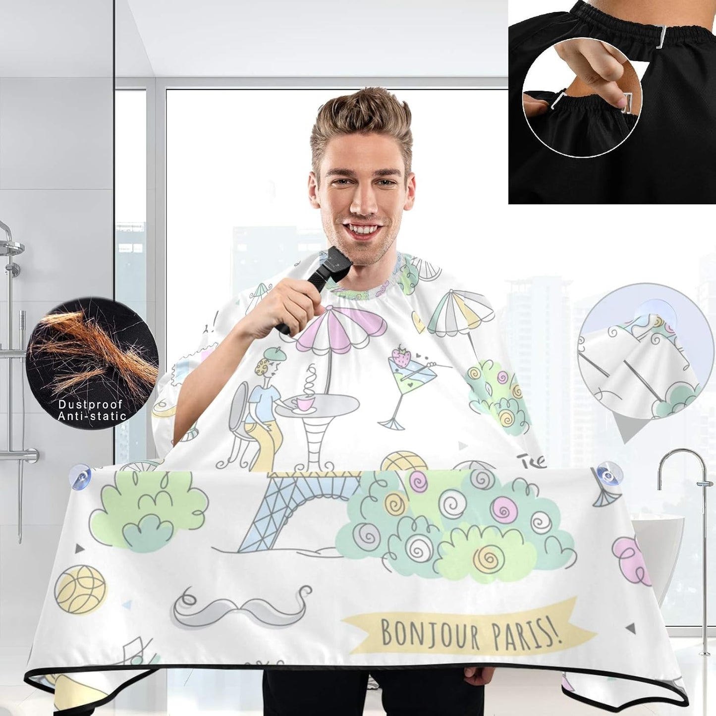 visesunny Barber Cape Paris French Symbols Polyester Hair Cutting Salon Cape Apron Anti-Static Haircut Water-Resistant Shaving Cloth Beard Shaving Bib Hairdressing Cape