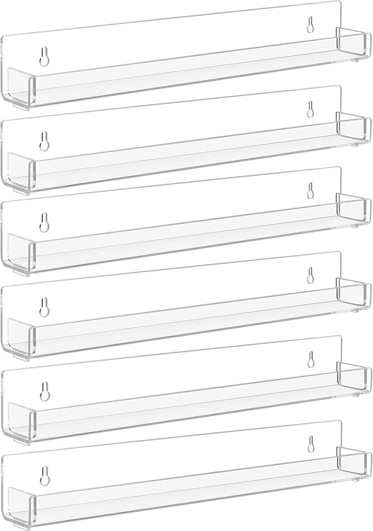 6 Pack Clear Nail Polish Rack Wall Mounted,15 inch Invisible Acrylic Floating Bookshelf,Small Toy Storage Wall Shelf Modern Picture Ledge Vinyl Record Display Shelf Holder