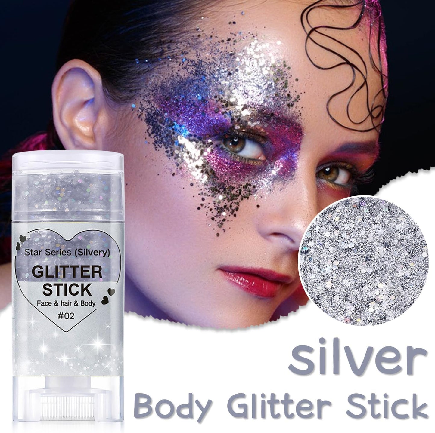 Silver Body Glitter Stick, Halloween Face Glitter Makeup,Holographic Hair Glitters Mermaid Makeup Rave Outfits for Women, Shimmer Face Paint Stick for Christmas (Silver)