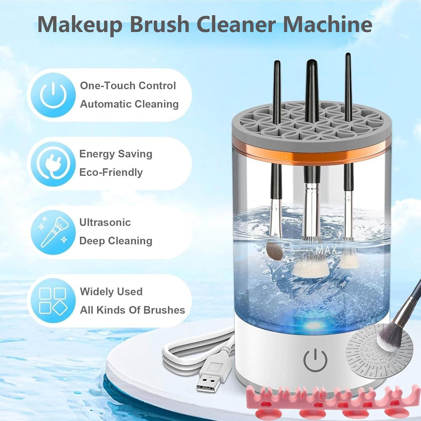 Makeup Brush Cleaner Machine, Portable Electric Makeup Brush Cleaner, Efficient Deep Cleaning Makeup Brushes, Automatic Spinning Make Up Brush Cleaner Fit for All Size Cosmetic Brush (White)