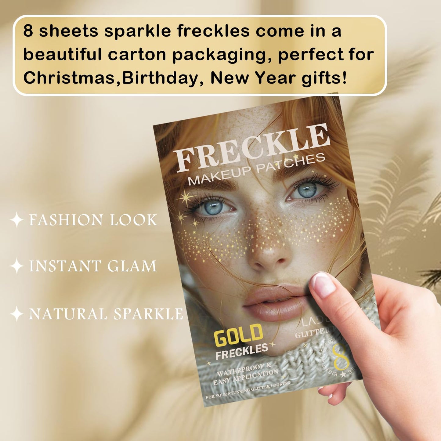 8 Pcs Gold Face Makeup Patches, Gold Glitter Freckles Face Tattoo, Glitter Freckles, Sparkle Makeup Patches, Waterproof Face Glitter Speckles Patches for Women