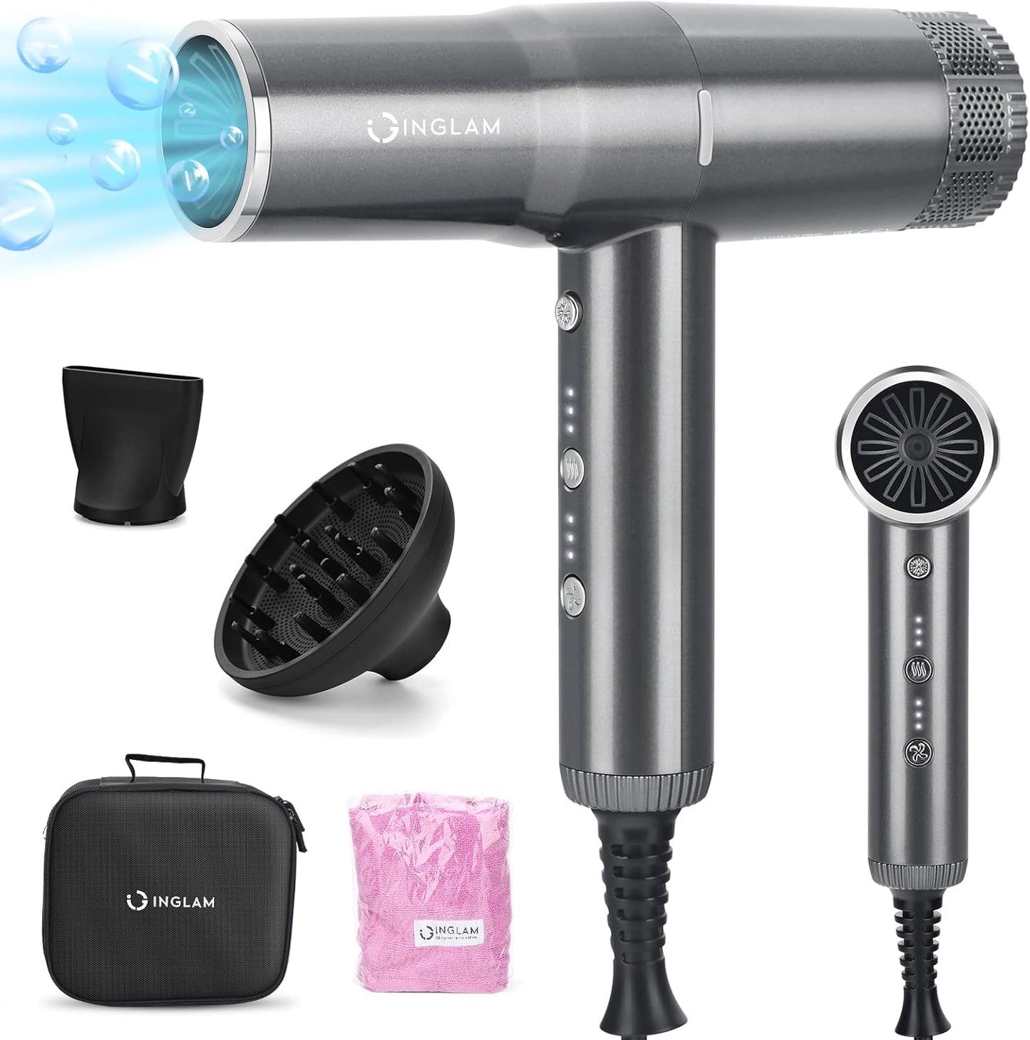 Blow Dryer with Diffuser, IG INGLAM Professional Hair Dryer 110,000RPM Brushless Motor High Speed Low Noise, 3 Heat Settings & 3 Speed & Cold Settings, Powerful Ionic Hair Dryer for Salon Travel Gift