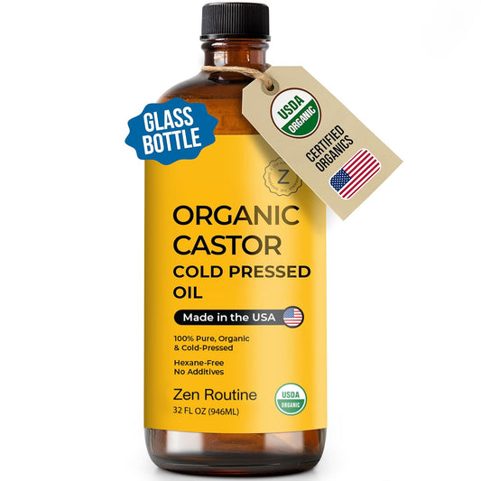 Zen Routine Organic Castor Oil (32oz Big Glass Bottle) Hexane Free – Hair Growth Oil, Eye Lashes & Stomach – Pure 100% Cold Pressed Unrefined Oil for Castor Pack – USDA Certified, Made in the USA