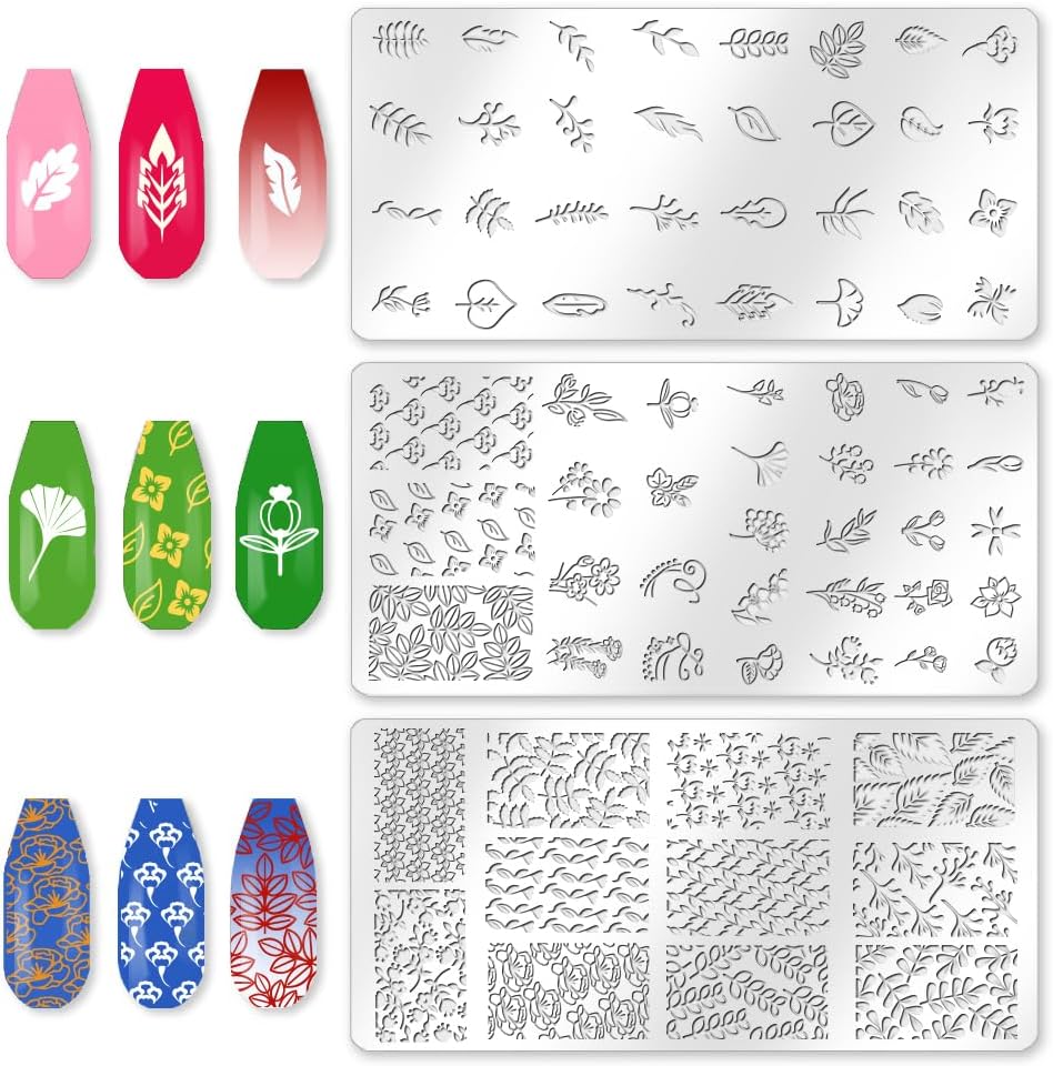3Pcs Floral Leaves Nail Stamping Plate Set Roses Flower Vine Ginkgo Leaf Steel Nail Stamp Templates Clear Silicone Nails Stamping with Stamper Scraper for Manicure Printing