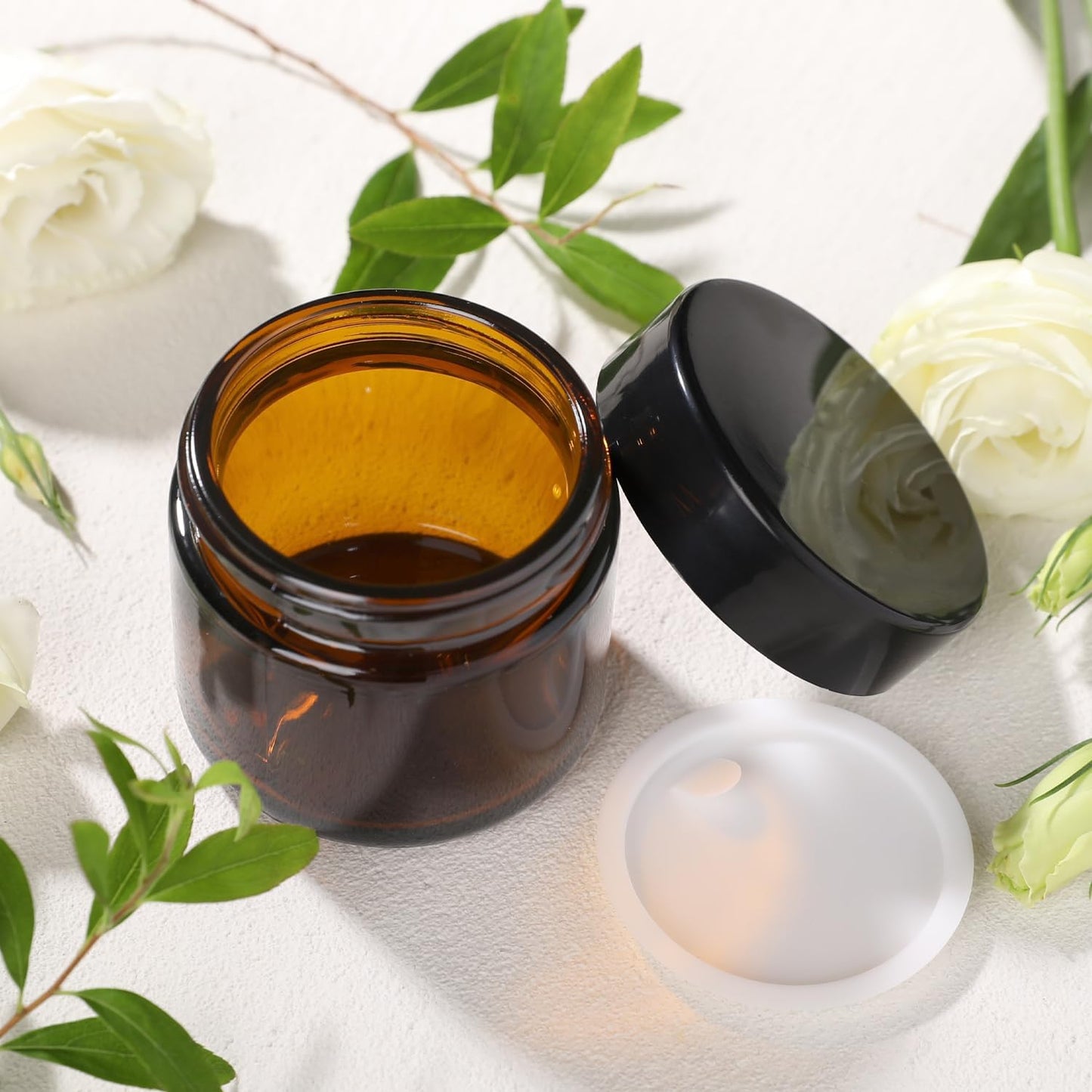 3 Pack Amber Small Glass Cosmetic Jars with Lids, 60 ml Empty Glass Makeup Containers for Sample, Cream, Lotion, Powder (2 OZ)