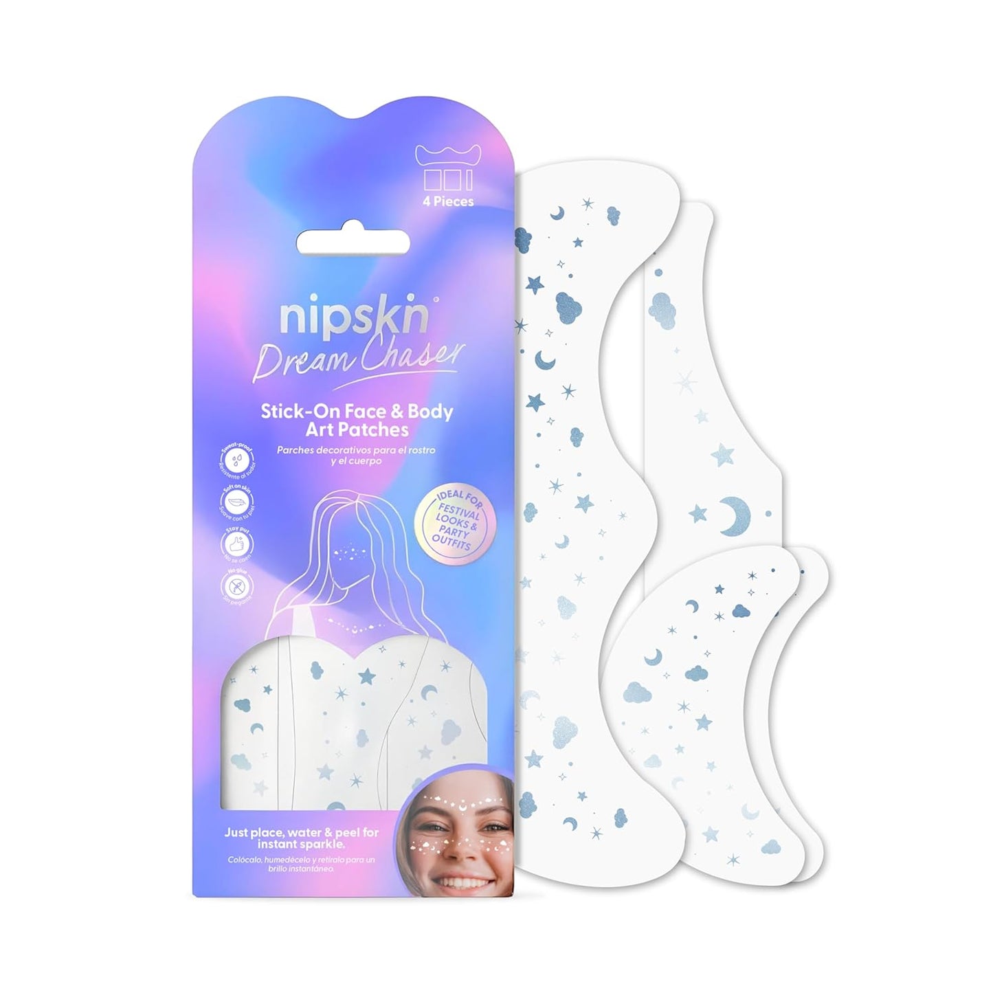Nipskin Dream Chaser Stick-On Face & Body Art Patches – Metallic Sky Blue Moons, Clouds & Stars – Sweat-Proof, Soft on Skin – 4 Pieces