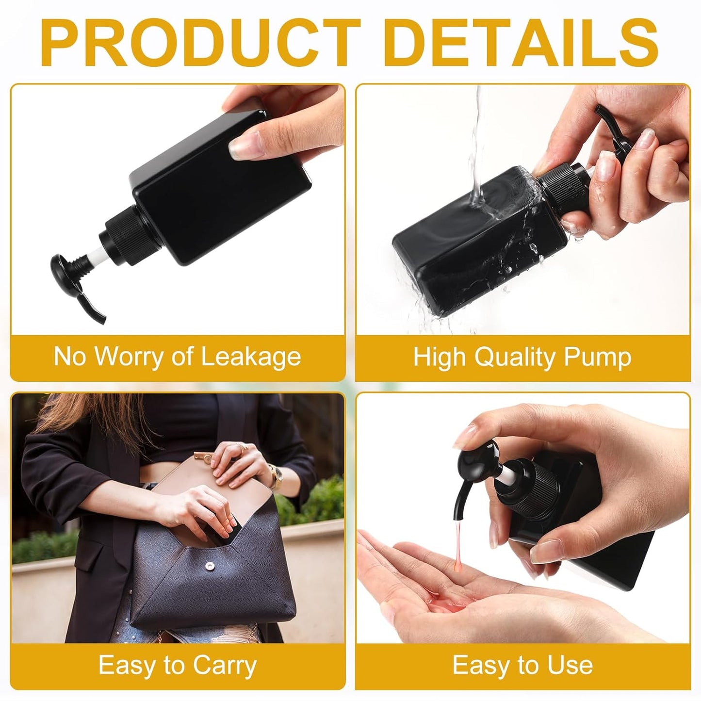 Domensi 6 Pcs 100ml /3.4 oz Pump Bottle Mini Travel Bottles Small Dispenser Containers Plastic Pump Lotion Dispenser Empty Square Travel Size Containers Toiletries (Whole Black)