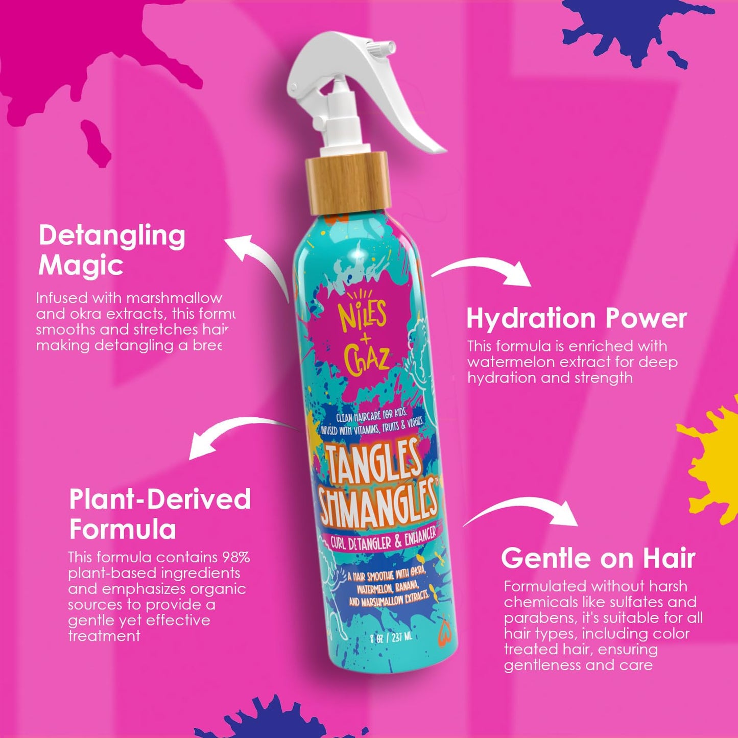 Niles and Chaz Tangles Shmangles Kids Detangler & Curl Enhancer - Hydrating Leave In Conditioner - Define Curls, Reduce Frizz - Sulfate, Paraben, Silicone Free - For Curly, Coily, Wavy Hair, 8 fl oz