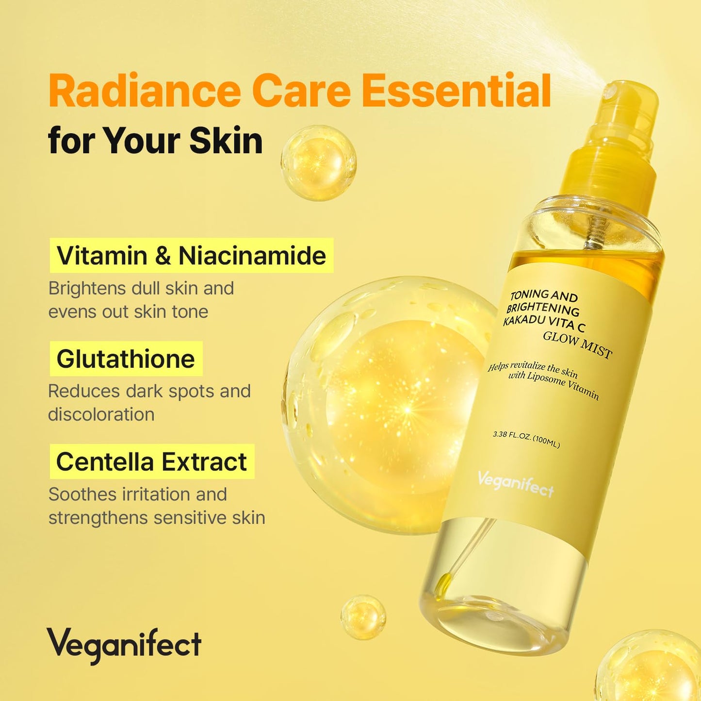 Vitamin C Glow Mist for Radiant Skin, Hydrating Serum Mist with Niacinamide & Glutathione, Korean Vegan Skincare, 3.38 Fl Oz