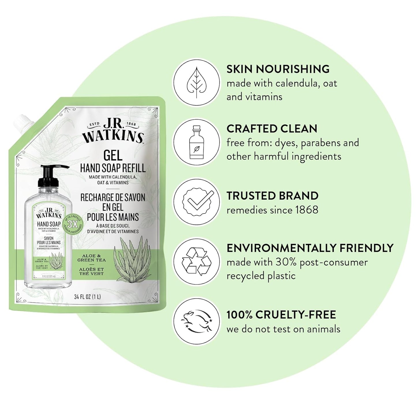 J.R. Watkins Gel Hand Soap Refill, Moisturizing Hand Wash, Formulated with Plant-Based Cleansers, Alcohol-Free, Cruelty-Free, Aloe & Green Tea, 34 Fl Oz, 2 Pack