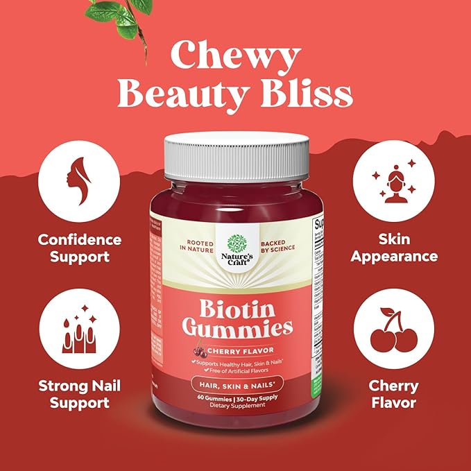Natural Biotin Gummies for Hair Growth - Biotin Vitamins Hair Skin and Nails Gummies for Women and Men - Growth Vitamins Women with Pantothenic Acid