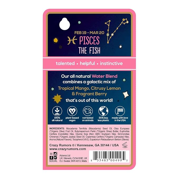 Crazy Rumors Pisces Zodiac All Natural, Plant Based Lip Balm to Moisturize and Nourish your Lips - Water Blend (Tropical Mango, Citrus Lemon, and Fragrant Berry)