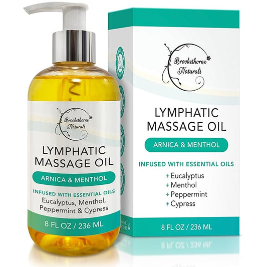 Lymphatic Drainage Massage Oil for Massage Therapy | Premium Quality, 100% Natural with Arnica Eucalyptus & Menthol | for Post Surgery Recovery & Detox | 8oz by Brookethorne Naturals
