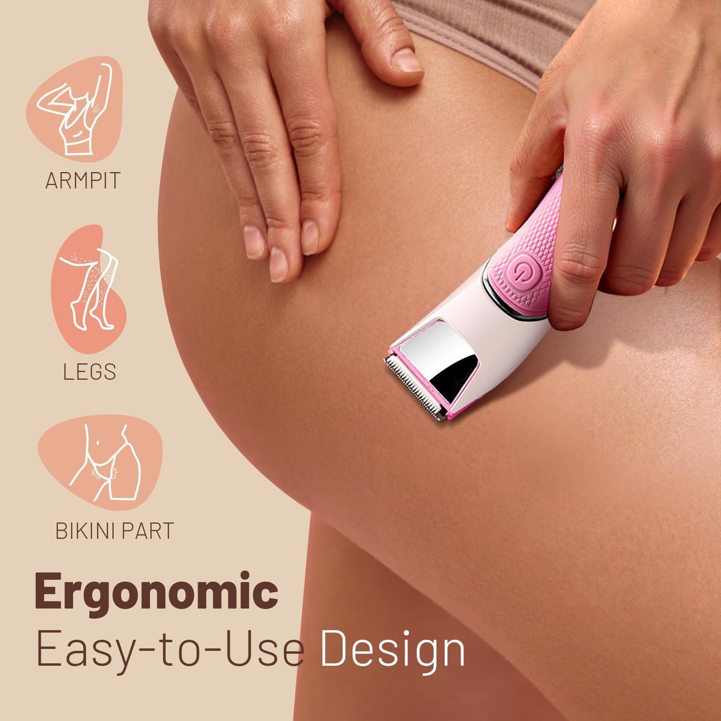 Bikini Trimmer for Women: Pubic Hair Razor with Mirror & LED Light, Electric Shaver with Ceramic Blades & Travel Lock - Body Groomer IPX7 Waterproof Use for Legs/Arm/Underarm - Rose Red