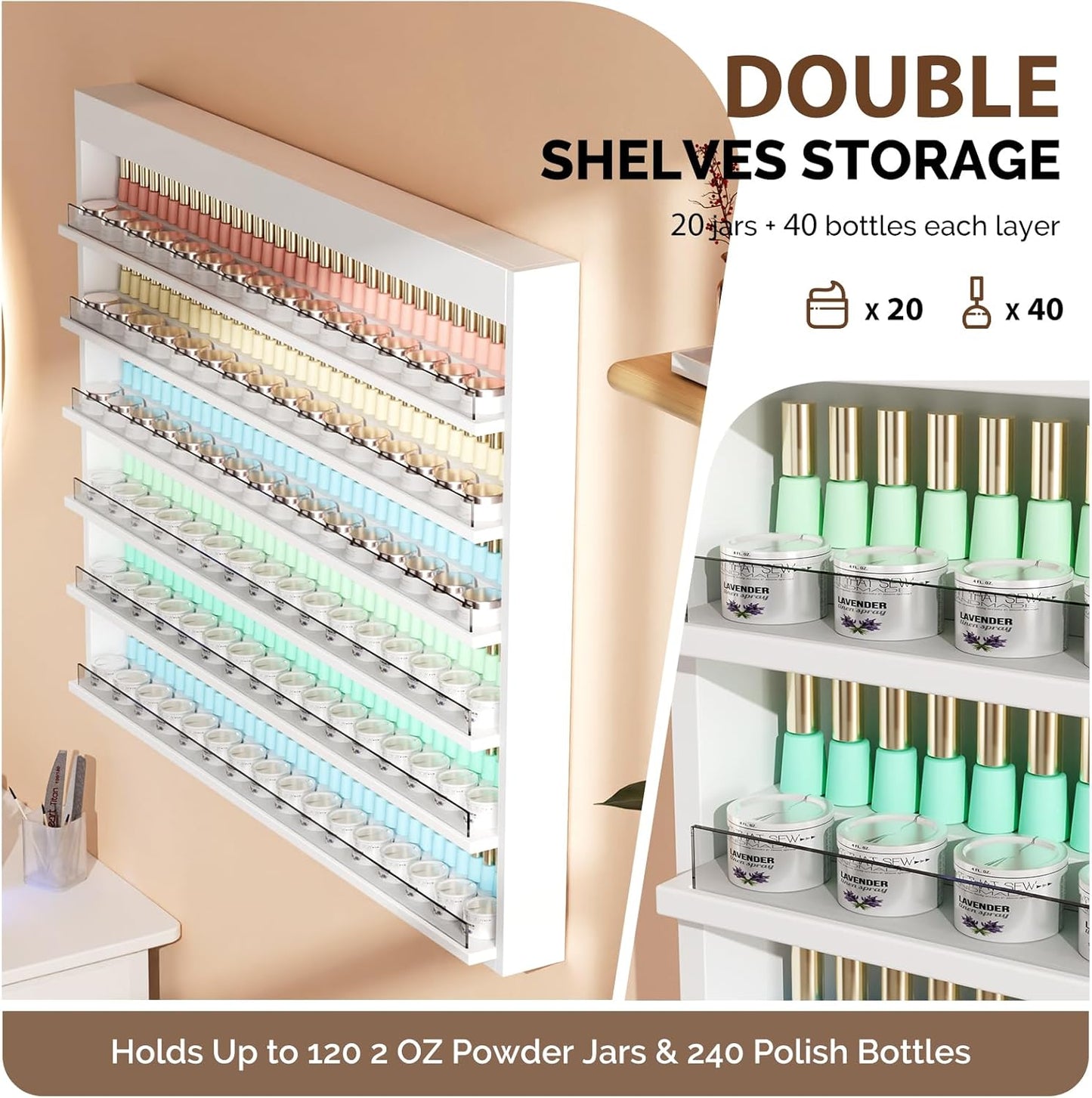 OmySalon Powder & Polish Rack - 6-Tier Double Nail Polish Organizer Wall-Mounted Salon Display Rack with Acrylic Barrier for Nail Salon Spa Home Beauty Studios (White)