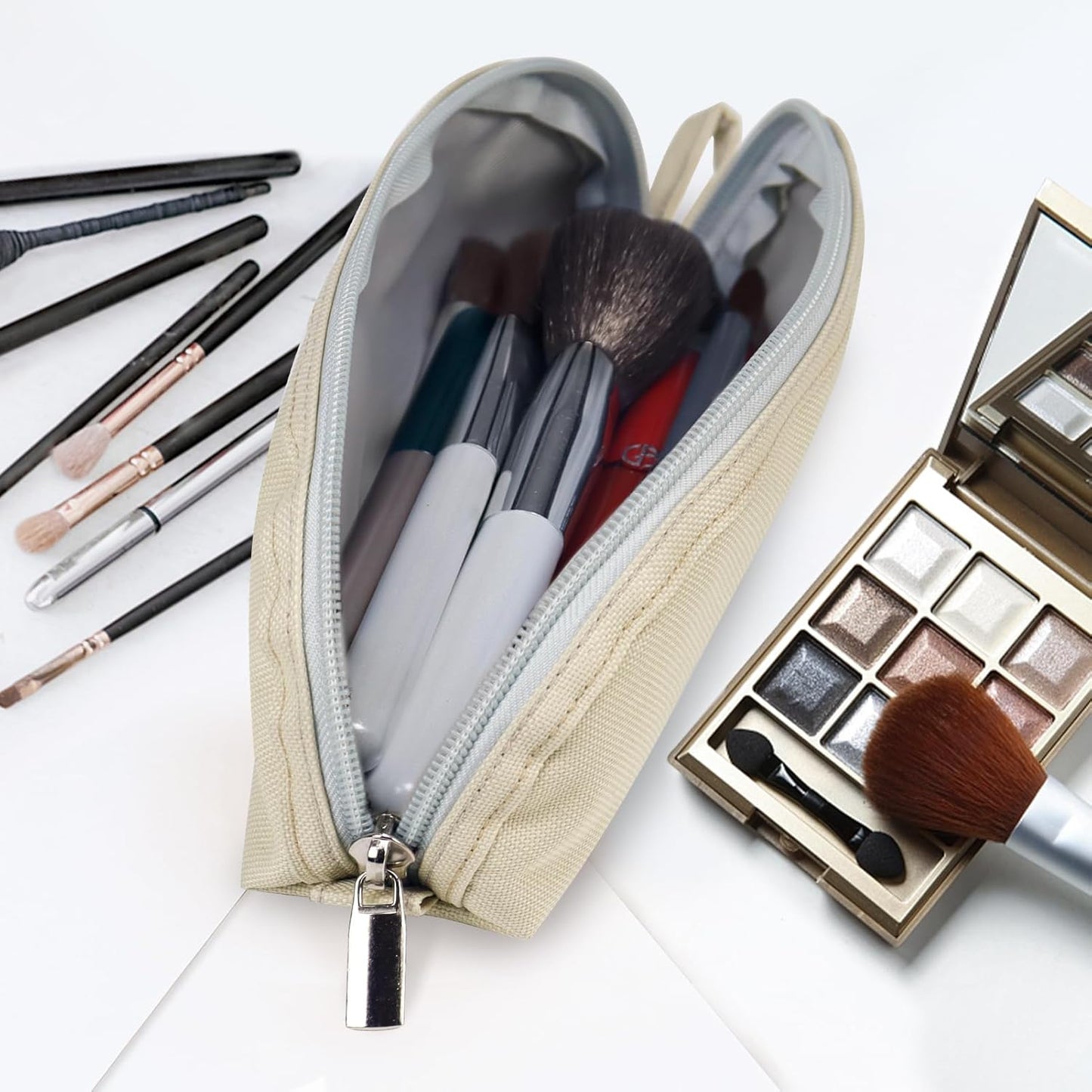 Gloppie Travel Makeup Brush Holder Portable Makeup Brush Traveling Case with Pouch - Small Cosmetic Pouch & Organizer for On-the-Go Beauty, Off White