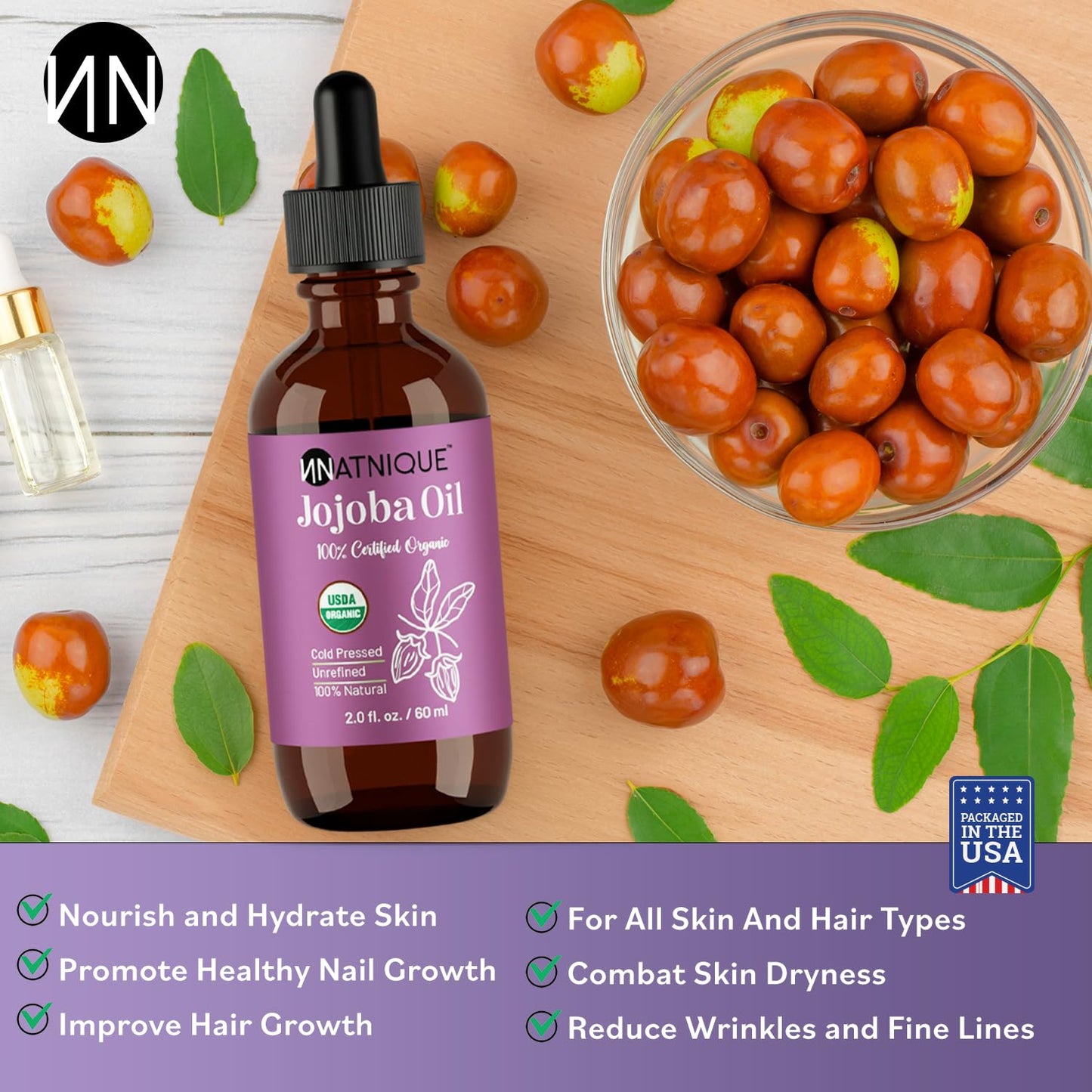 Natnique Organic Jojoba Oil 2oz – Nail Brush Included – USDA Certified, Cold Pressed, Unrefined & Hexane-Free – Pure Moisturizer for Hair, Face, Skin, Beard, Scalp, Nails & Cuticles – Natural Care