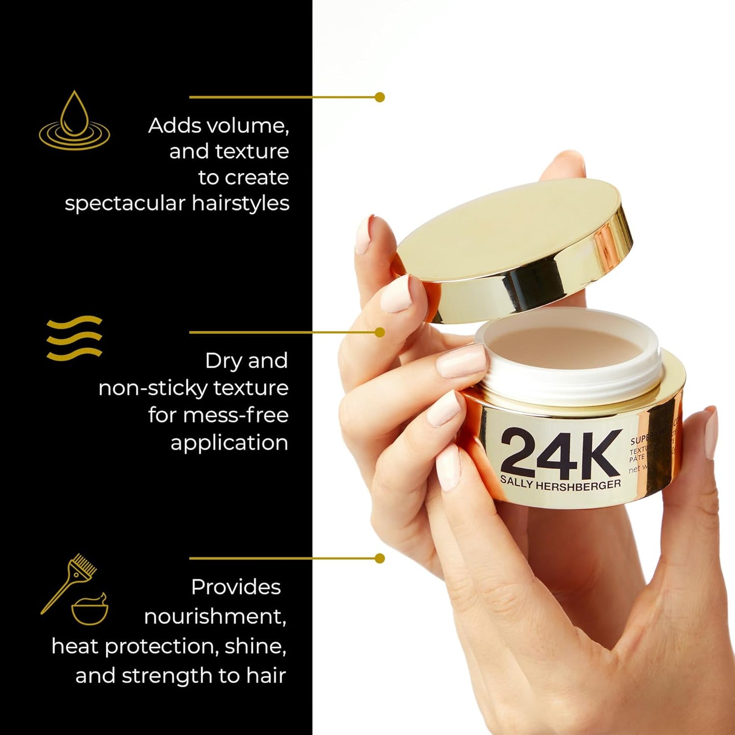 Sally Hershberger 24K Hair Texturizing Paste for Men & Women - Premium High Shine Pomade - All Day Hold - Hydrating & Volumizing - For Styling & Finish with Golden Pearl, Mica - All Hair Types - 1.7oz