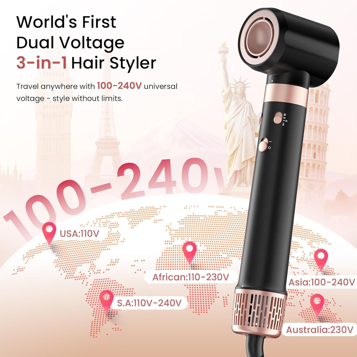 Dual Voltage 3 in 1 Hot Hair Styler – High-Speed Hair Dryer with Air Wrap for Women with Extra Long Barrel Air Styler, European Hair Tools Styling, Fast Drying and Quick Styling, Travel Case