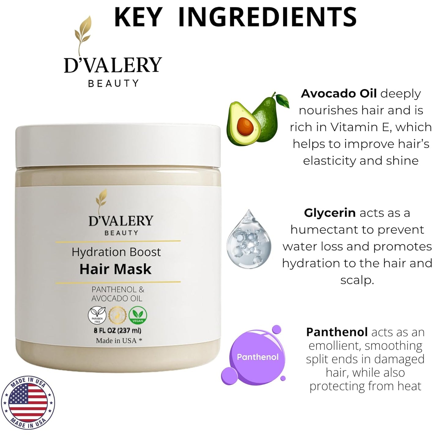 Hydrating Hair Mask with Avocado Oil & Panthenol – Deep Conditioning, Anti-Frizz & Detangling Treatment for Dry, Damaged or Color-Treated Hair – 8 oz