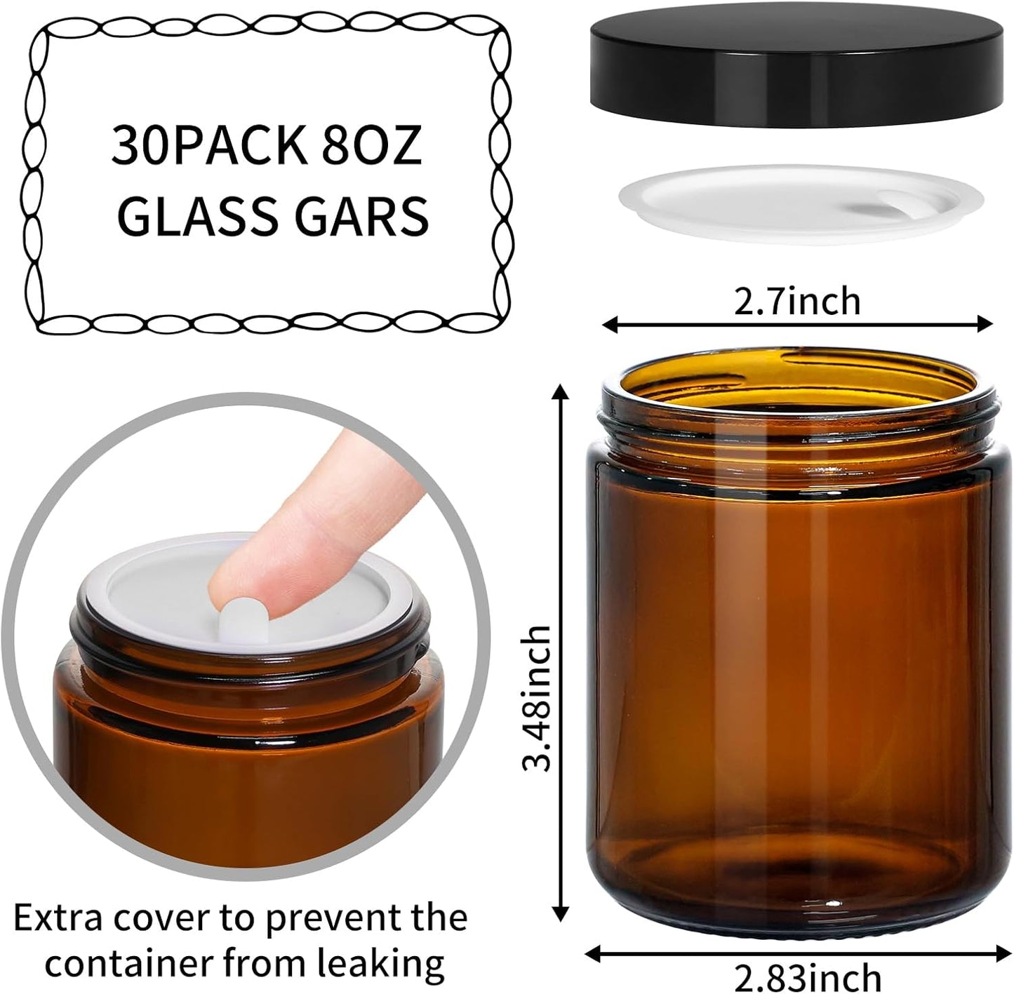 KEYWING 30Pack Amber Glass Jars with Black Lids, 8 oz Empty Cosmetic Jars with Inner Liners, Round Lotion Containers for Cream, Powders and Ointments