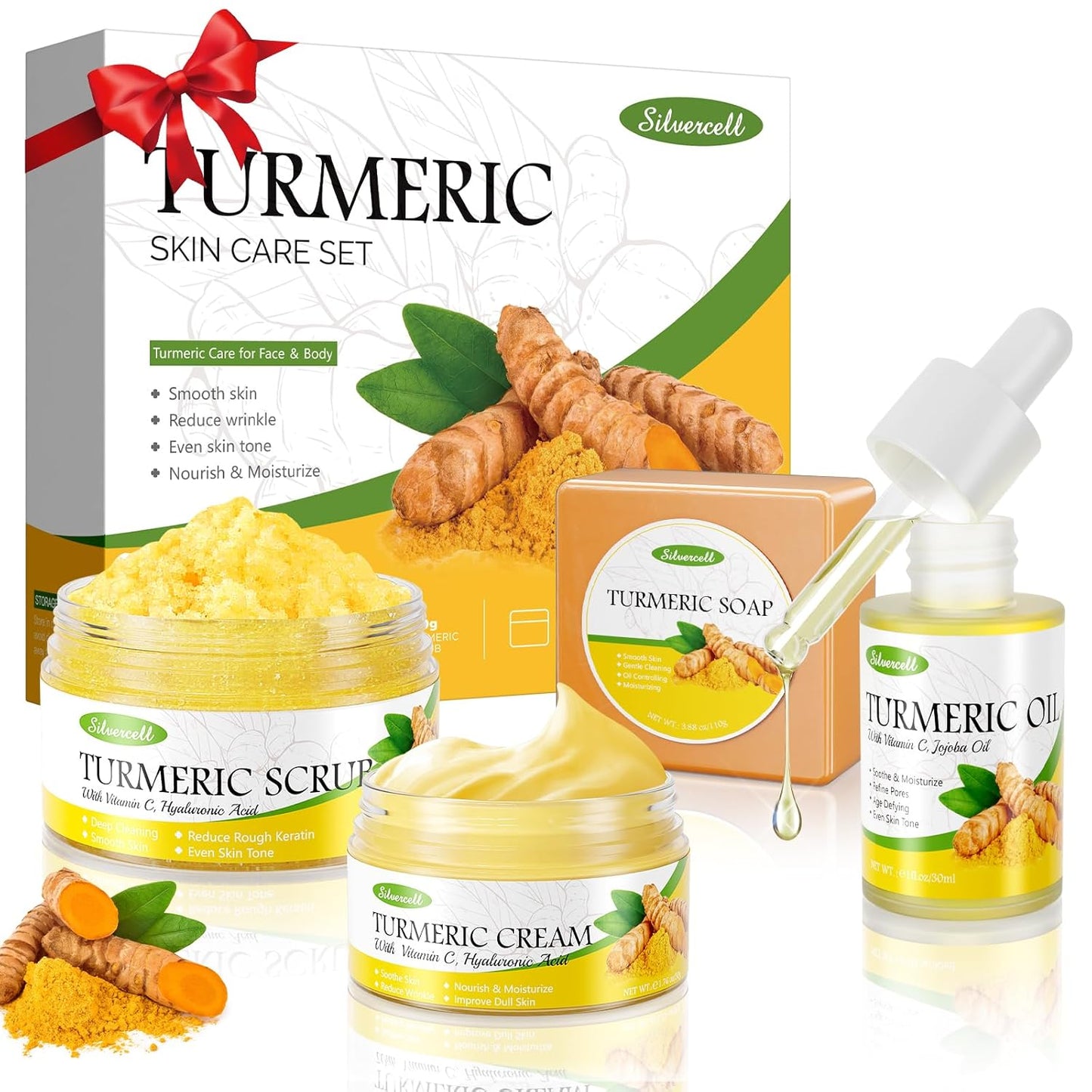 Turmeric Skin Care Set with Vitamin C, Turmeric Skincare Set Christmas Gifts for Women, Skin Care Kit for Anti-Aging Hydrating, Skincare Gift Set with Turmeric Soap Bar & Scrub, Turmeric Oil & Cream