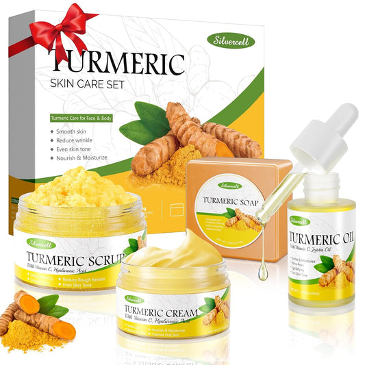 Turmeric Skin Care Set with Vitamin C, Turmeric Skincare Set Christmas Gifts for Women, Skin Care Kit for Anti-Aging Hydrating, Skincare Gift Set with Turmeric Soap Bar & Scrub, Turmeric Oil & Cream