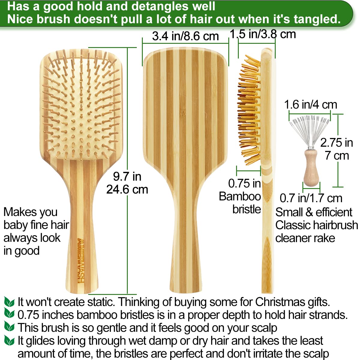 Bamboo Hair Brush with Cleaner Tool, Large Paddle Wooden Detangling Brush Perfect for Women Men Thick Curly Hair, Bamboo Bristles Help Hair Growth, Enhance Shine & Health, Massaging Scalp