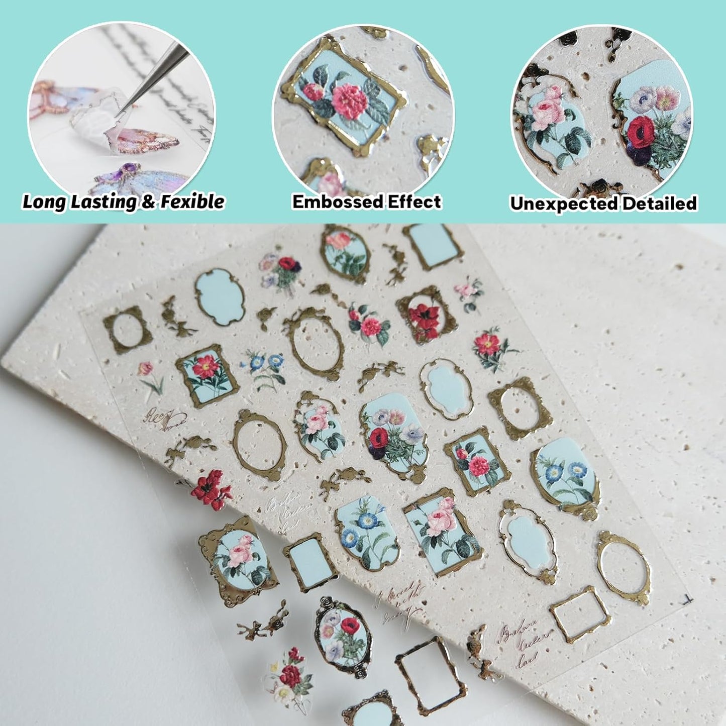 Golden Frame Flower Nail Art Stickers, Embossed Nail Decals,Vintage Floral for Nail Art Design, Self-Adhesive, Nail Accessories for Women,Aesthetic Nail Art Supplies